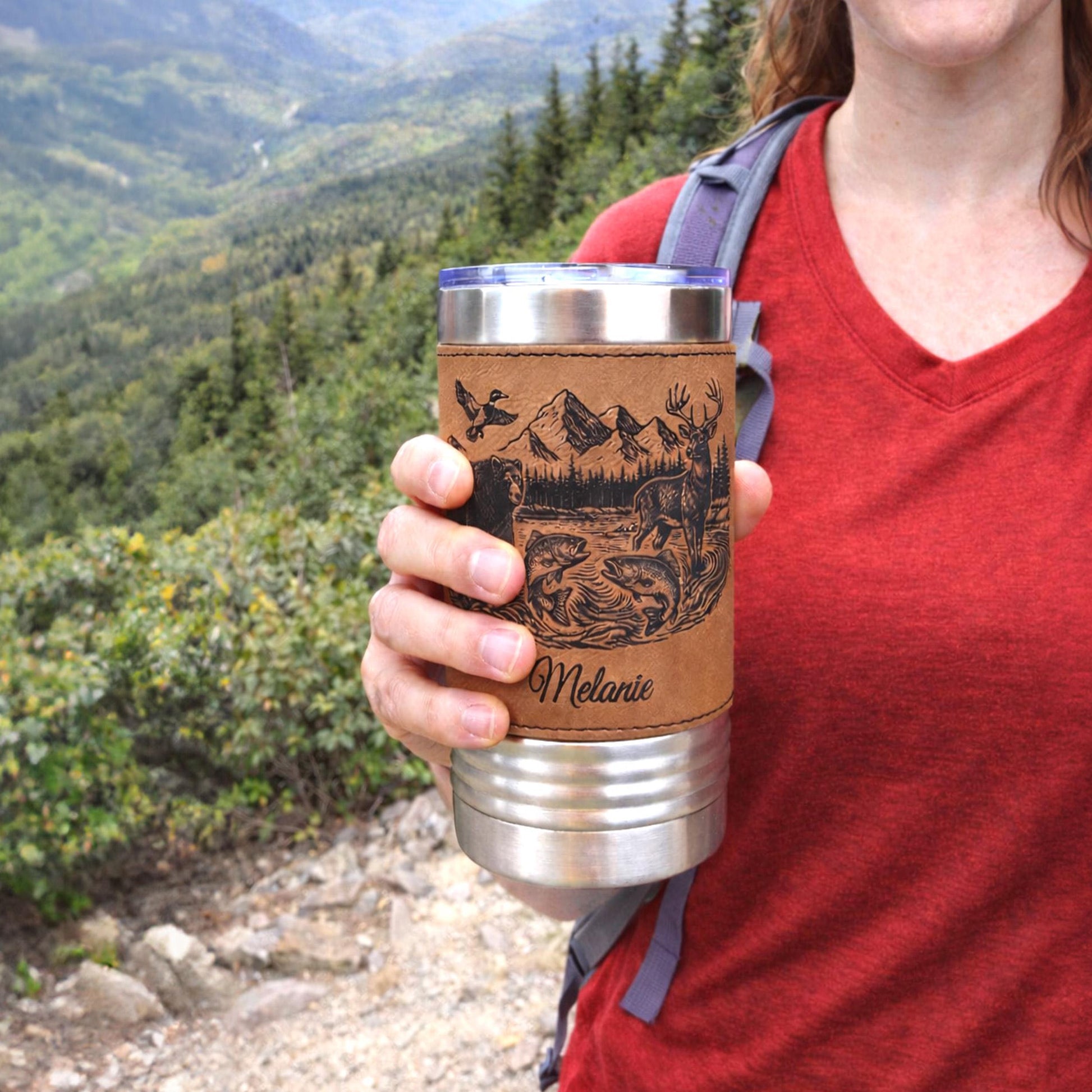 20 ounce Wildlife Lake Engraved Travel Tumbler – Bear, Deer, Duck & Fish Scene, Personalized Leatherette Wrapped Coffee Mug