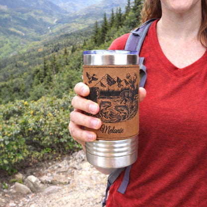 20 ounce Wildlife Lake Engraved Travel Tumbler – Bear, Deer, Duck & Fish Scene, Personalized Leatherette Wrapped Coffee Mug