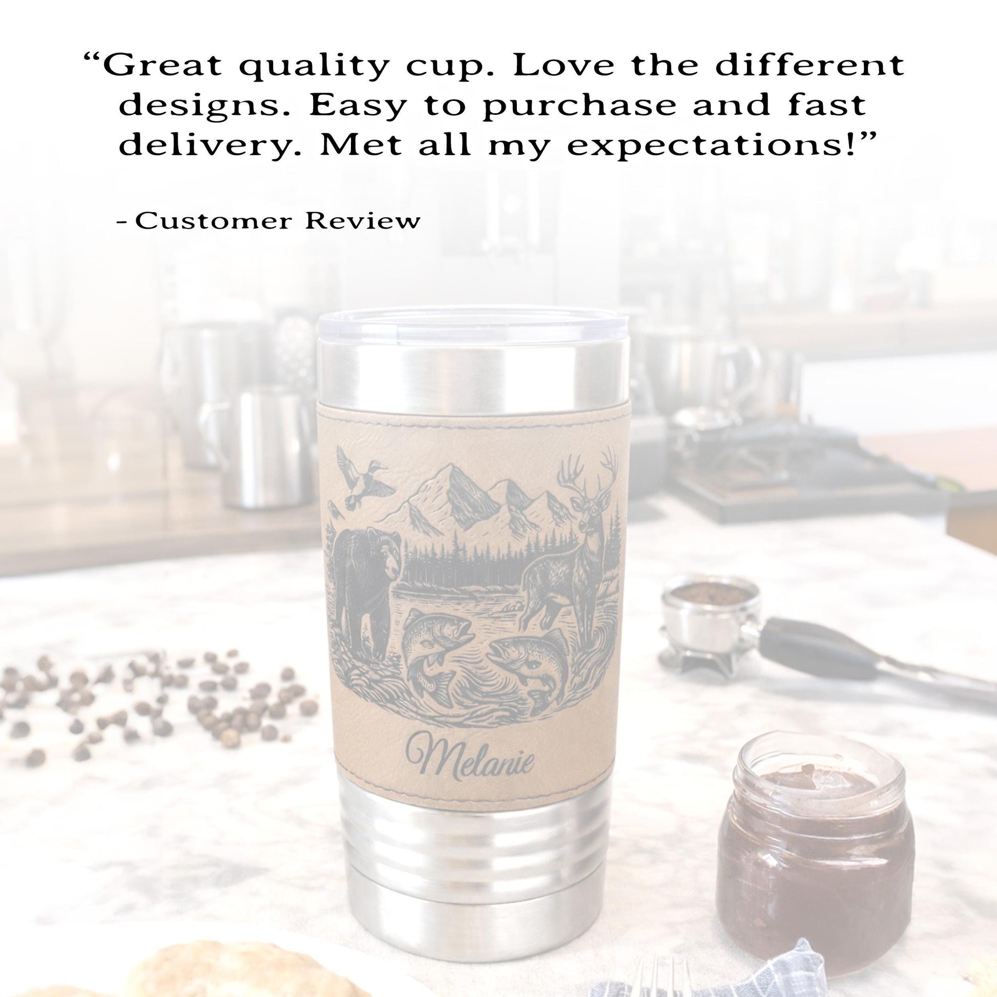 20 ounce Wildlife Lake Engraved Travel Tumbler – Bear, Deer, Duck & Fish Scene, Personalized Leatherette Wrapped Coffee Mug
