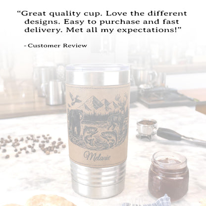 20 ounce Wildlife Lake Engraved Travel Tumbler – Bear, Deer, Duck & Fish Scene, Personalized Leatherette Wrapped Coffee Mug