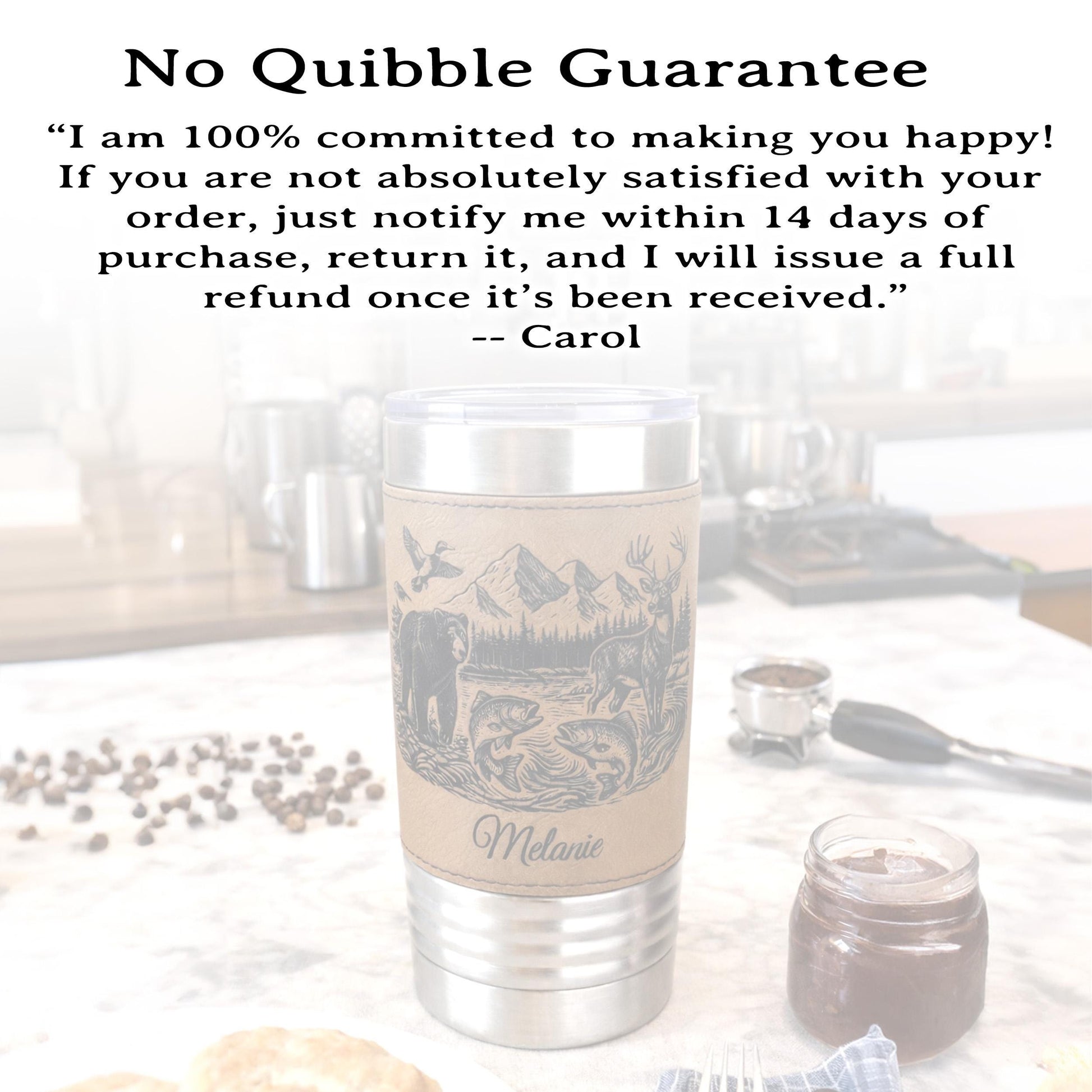 20 ounce Wildlife Lake Engraved Travel Tumbler – Bear, Deer, Duck & Fish Scene, Personalized Leatherette Wrapped Coffee Mug