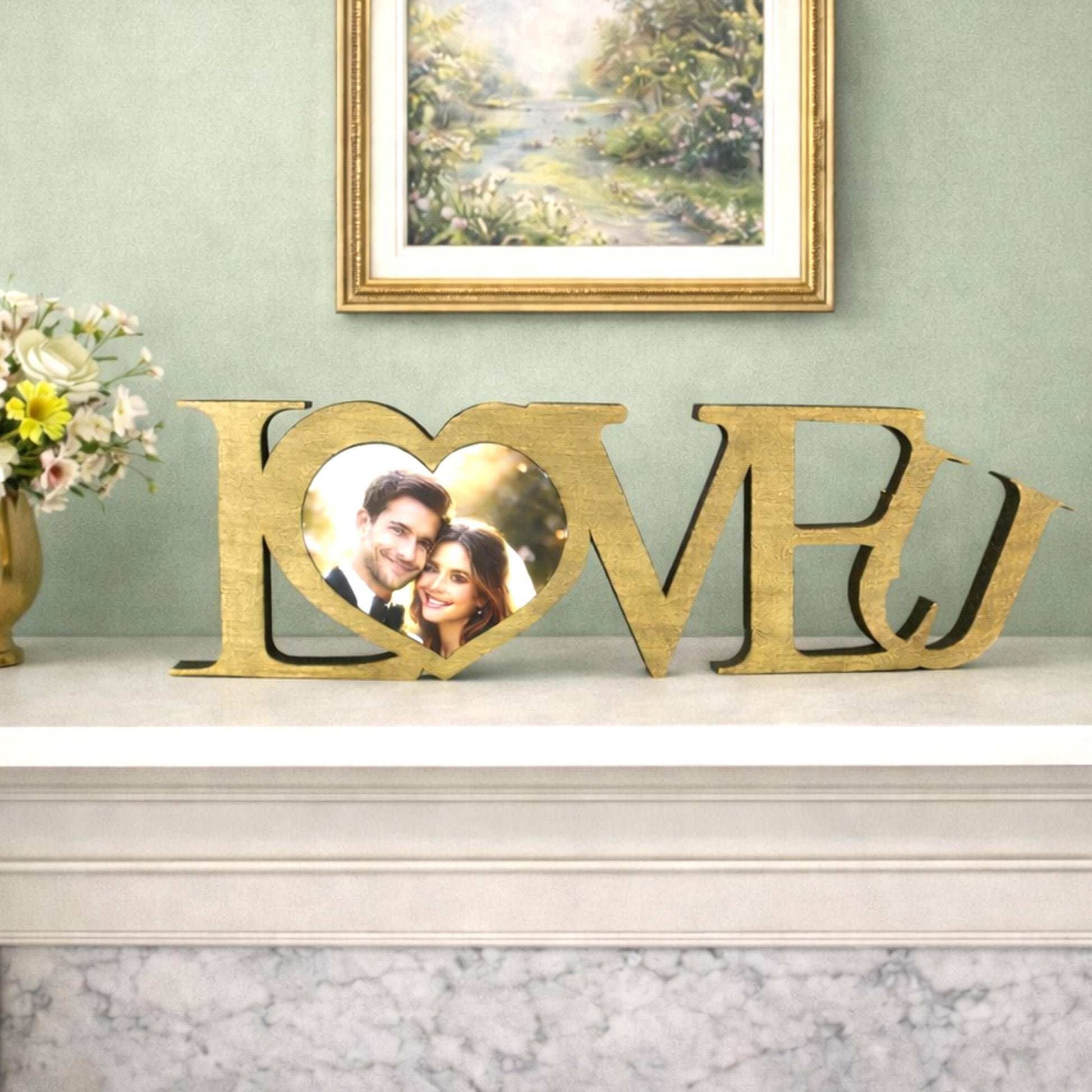LOVE U Valentine Shelf Sitter – Personalized Wooden Sign Decor - Heart Insert with Photo or Message