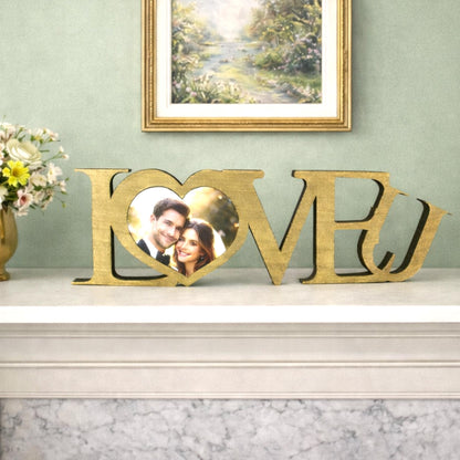 LOVE U Valentine Shelf Sitter – Personalized Wooden Sign Decor - Heart Insert with Photo or Message