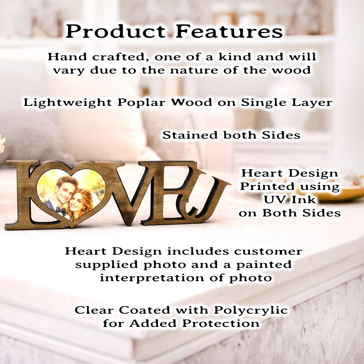 LOVE U Valentine Shelf Sitter – Personalized Wooden Sign Decor - Heart Insert with Photo or Message