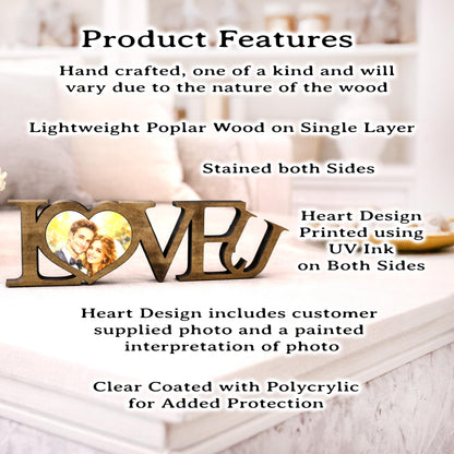 LOVE U Valentine Shelf Sitter – Personalized Wooden Sign Decor - Heart Insert with Photo or Message
