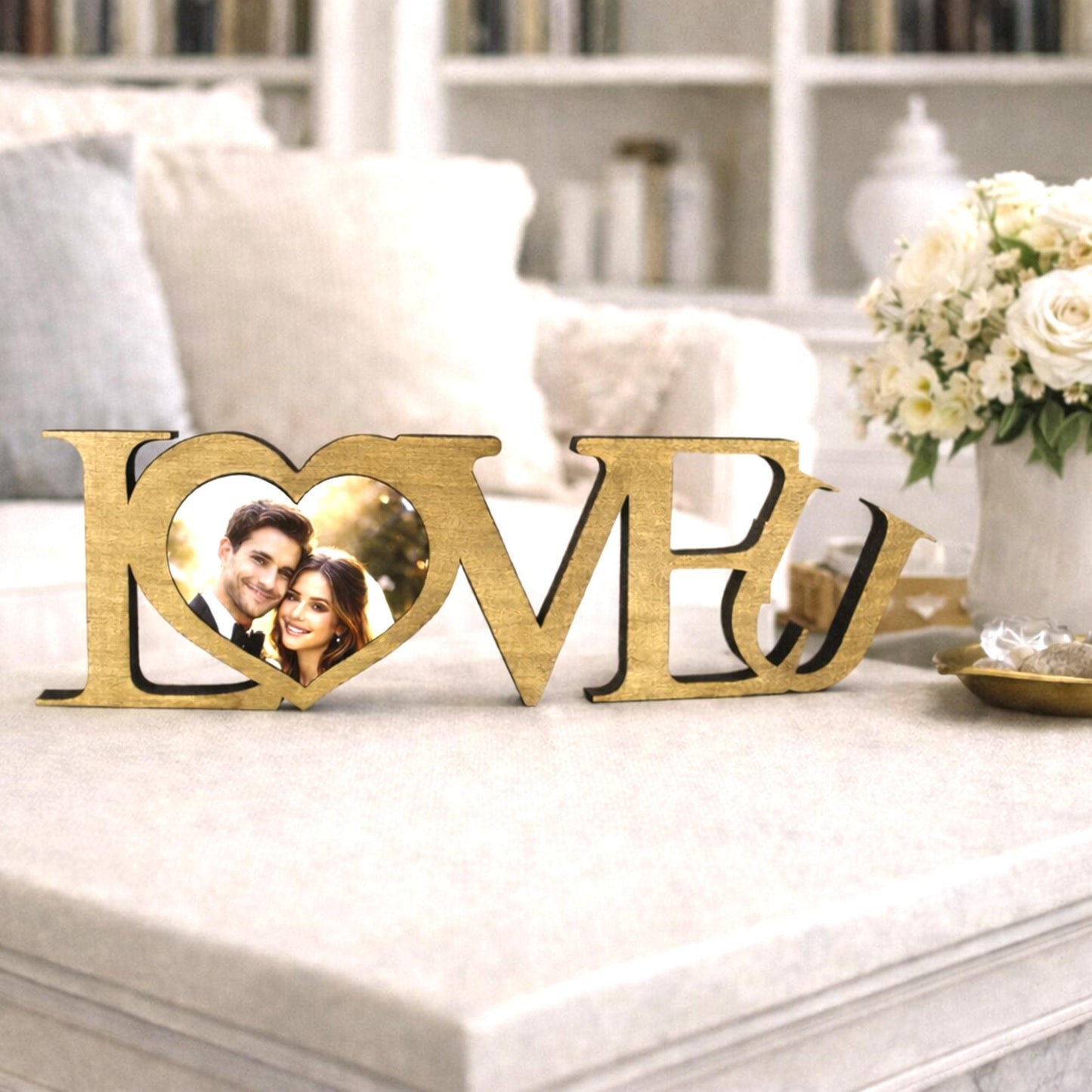 LOVE U Valentine Shelf Sitter – Personalized Wooden Sign Decor - Heart Insert with Photo or Message