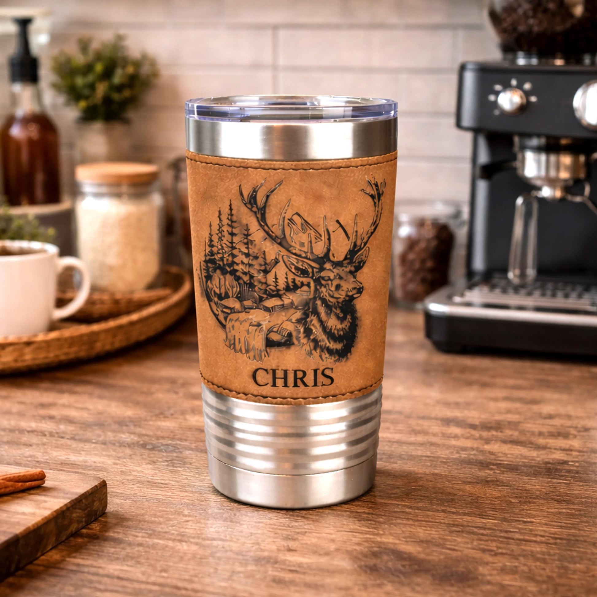 Engraved Elk in the Mountains or Elk Head Leatherette wrapped Insulated Stainless Steel Coffee Travel mug, Great Elk Hunter Gift - 1 Tumbler