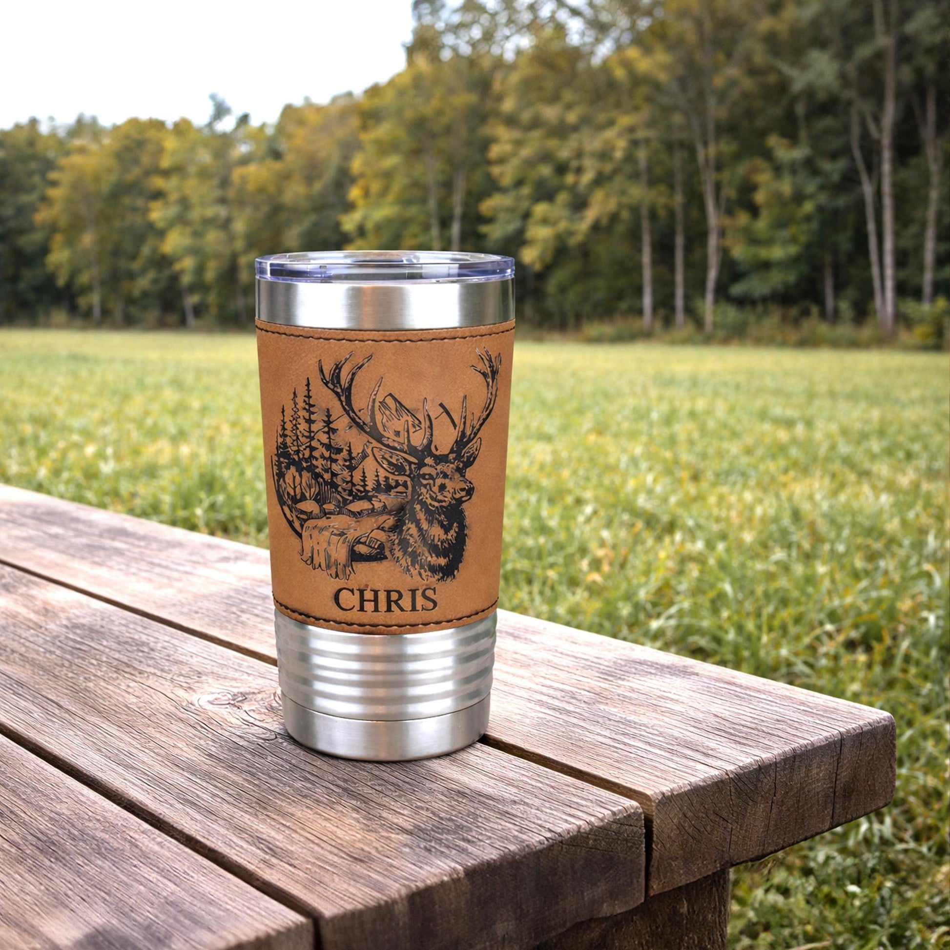 Engraved Elk in the Mountains or Elk Head Leatherette wrapped Insulated Stainless Steel Coffee Travel mug, Great Elk Hunter Gift - 1 Tumbler