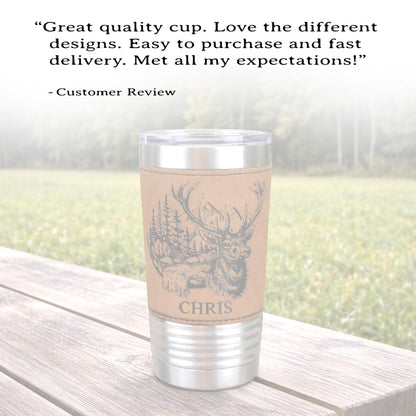 Engraved Elk in the Mountains or Elk Head Leatherette wrapped Insulated Stainless Steel Coffee Travel mug, Great Elk Hunter Gift - 1 Tumbler