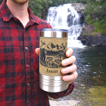 20 ounce Wildlife Lake Engraved Travel Tumbler – Bear, Deer, Duck & Fish Scene, Personalized Leatherette Wrapped Coffee Mug