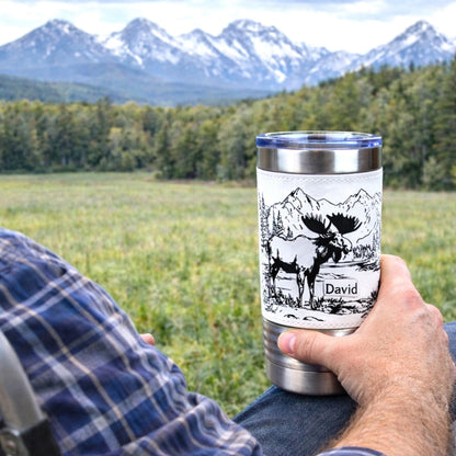 Personalized Moose Head Travel Mug | Laser Engraved Hunting Scene with Mountains & Forest | Faux Leather Polar Camel Tumbler