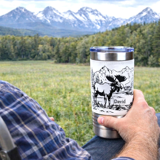 Personalized Moose Head Travel Mug | Laser Engraved Hunting Scene with Mountains & Forest | Faux Leather Polar Camel Tumbler
