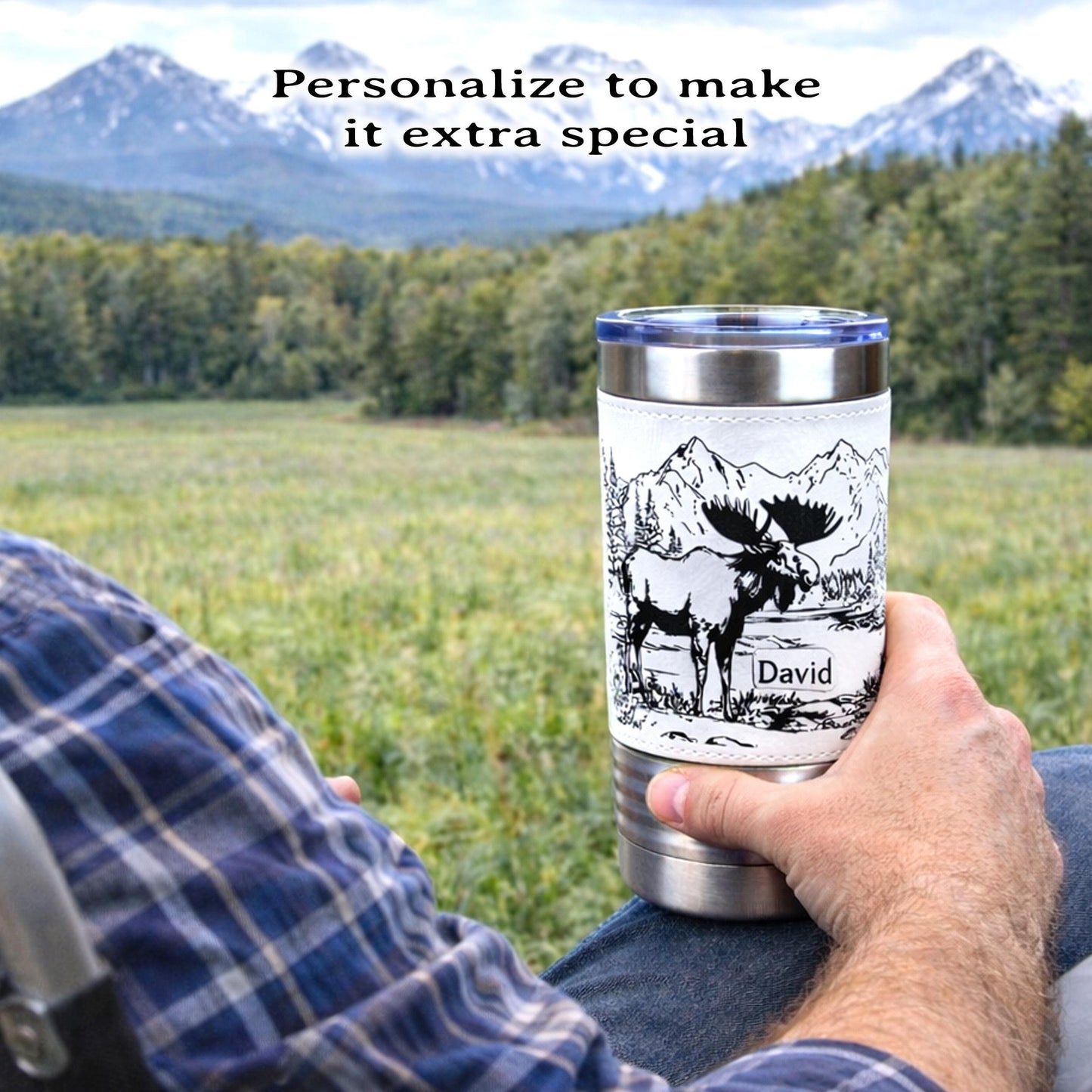 Personalized Moose Head Travel Mug | Laser Engraved Hunting Scene with Mountains & Forest | Faux Leather Polar Camel Tumbler