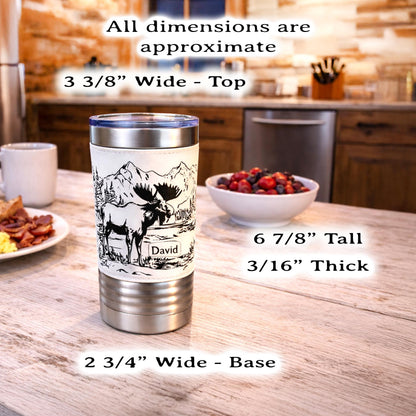 Personalized Moose Head Travel Mug | Laser Engraved Hunting Scene with Mountains & Forest | Faux Leather Polar Camel Tumbler