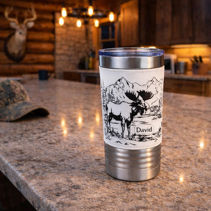 Personalized Moose Head Travel Mug | Laser Engraved Hunting Scene with Mountains & Forest | Faux Leather Polar Camel Tumbler