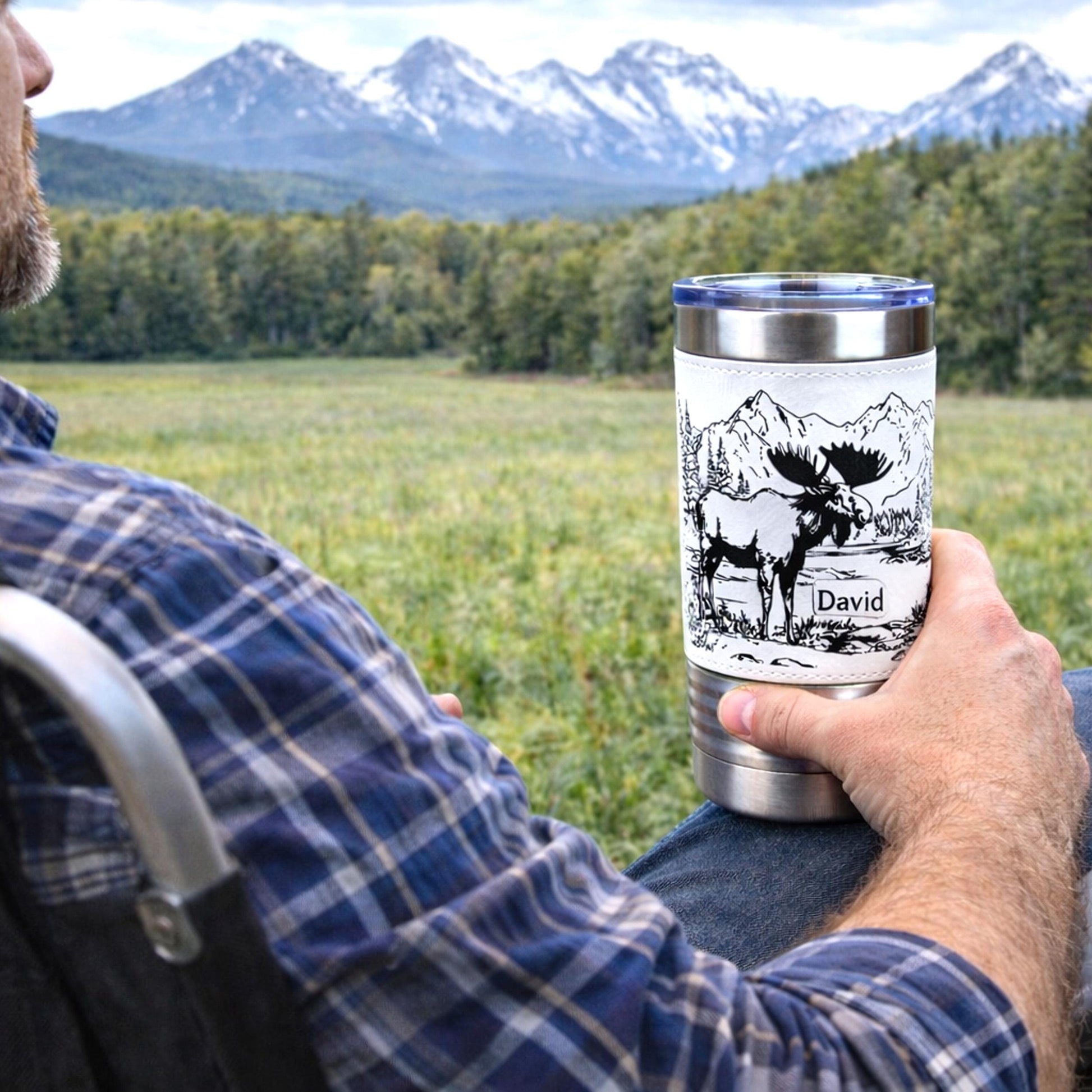 Personalized Moose Head Travel Mug | Laser Engraved Hunting Scene with Mountains & Forest | Faux Leather Polar Camel Tumbler