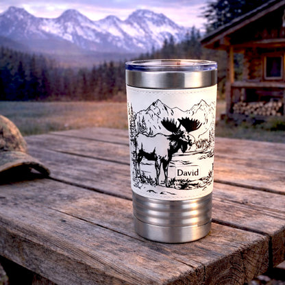 Personalized Moose Head Travel Mug | Laser Engraved Hunting Scene with Mountains & Forest | Faux Leather Polar Camel Tumbler
