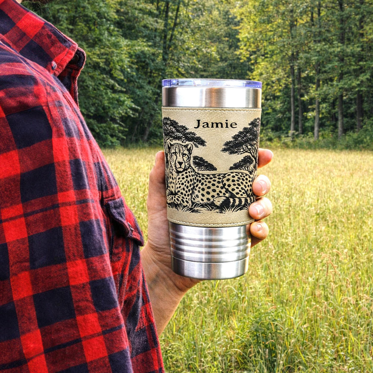 Cheetah Safari Engraved Travel Tumbler – Leatherette Wrap – 20 oz. Personalized Coffee Mug