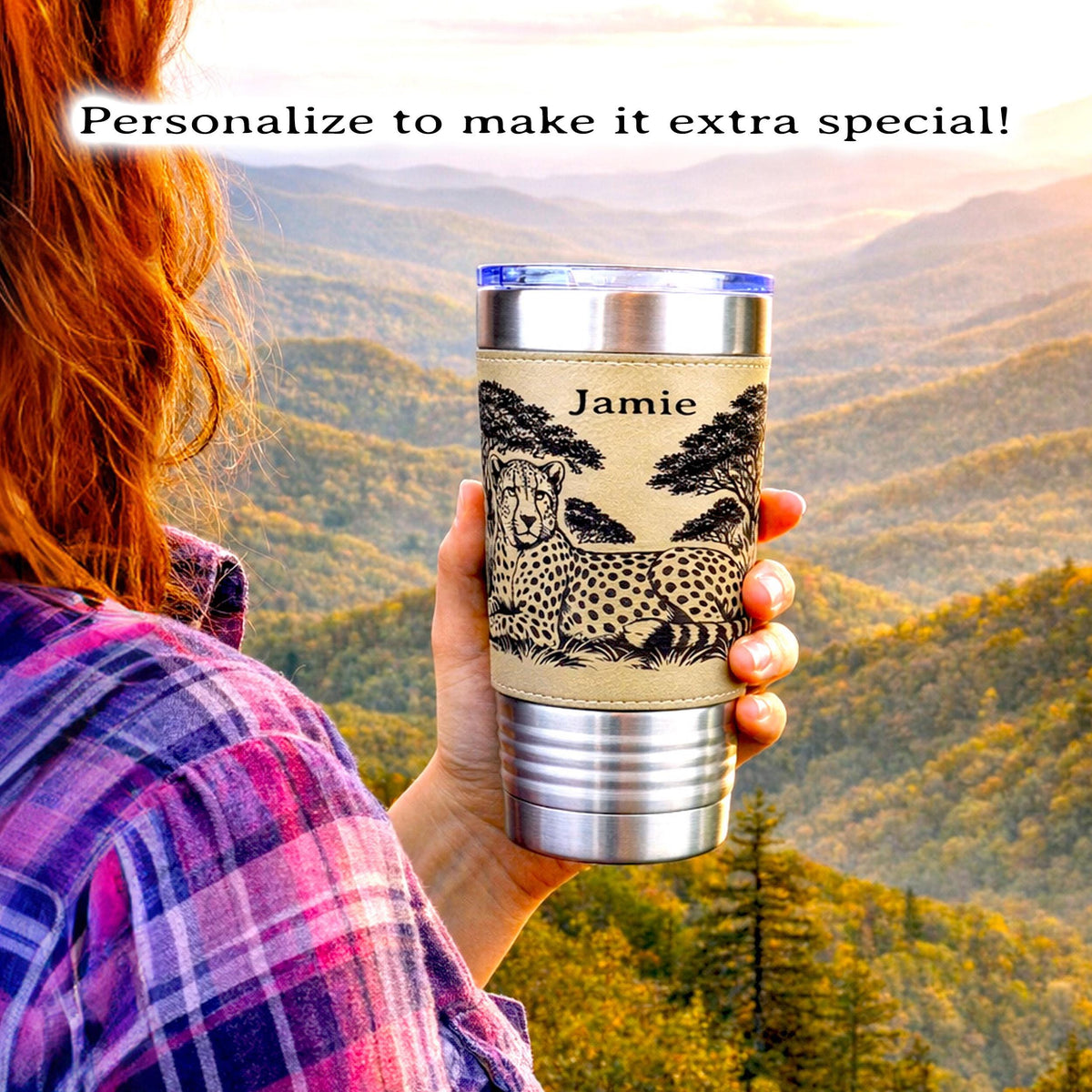 Cheetah Safari Engraved Travel Tumbler – Leatherette Wrap – 20 oz. Personalized Coffee Mug