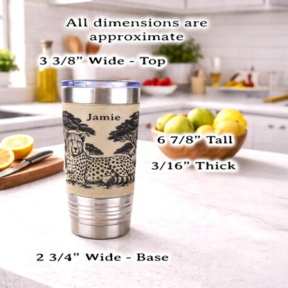 Cheetah Safari Engraved Travel Tumbler – Leatherette Wrap – 20 oz. Personalized Coffee Mug