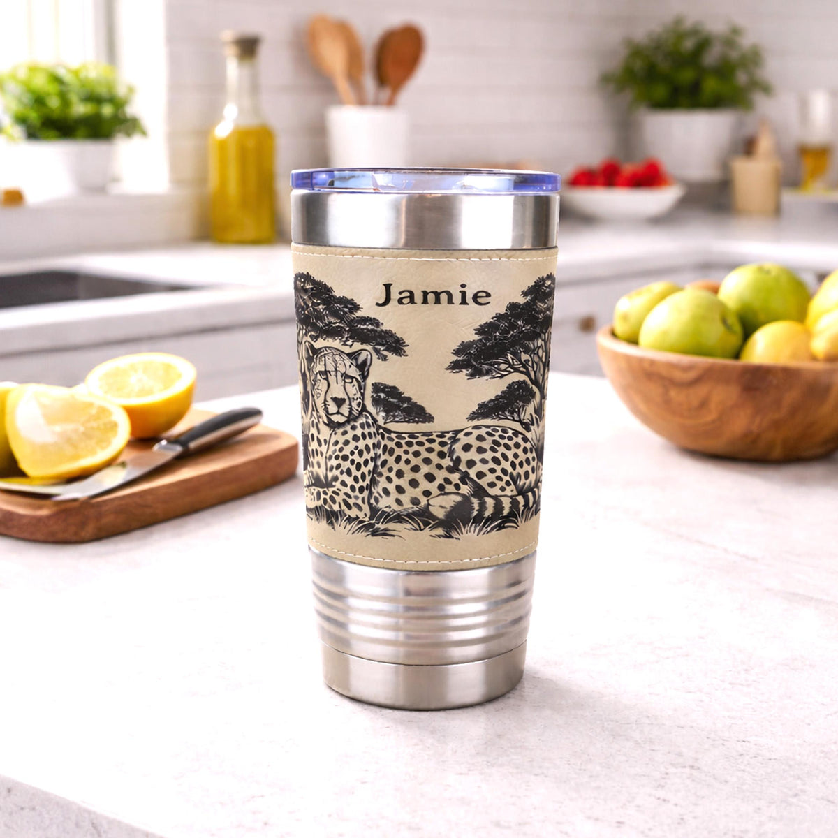 Cheetah Safari Engraved Travel Tumbler – Leatherette Wrap – 20 oz. Personalized Coffee Mug