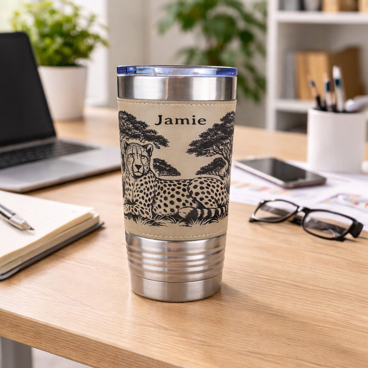 Cheetah Safari Engraved Travel Tumbler – Leatherette Wrap – 20 oz. Personalized Coffee Mug