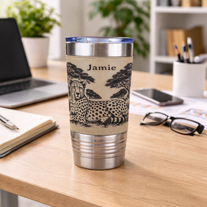 Cheetah Safari Engraved Travel Tumbler – Leatherette Wrap – 20 oz. Personalized Coffee Mug