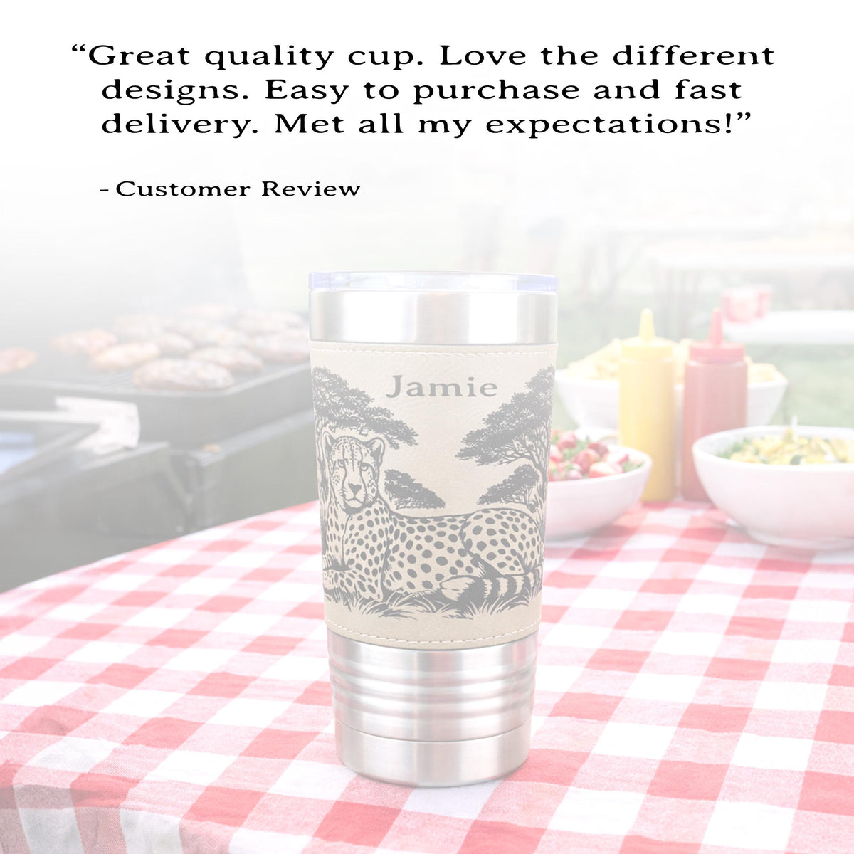Cheetah Safari Engraved Travel Tumbler – Leatherette Wrap – 20 oz. Personalized Coffee Mug