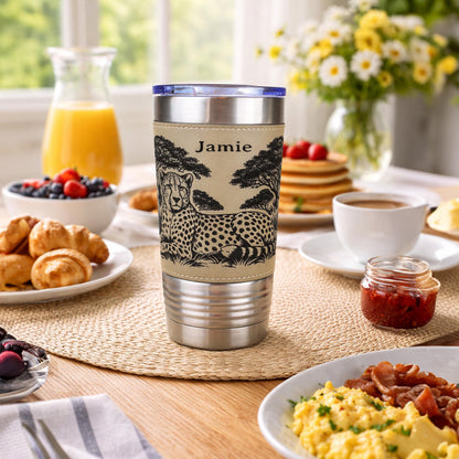 Cheetah Safari Engraved Travel Tumbler – Leatherette Wrap – 20 oz. Personalized Coffee Mug