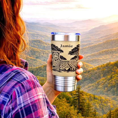Cheetah Safari Engraved Travel Tumbler – Leatherette Wrap – 20 oz. Personalized Coffee Mug