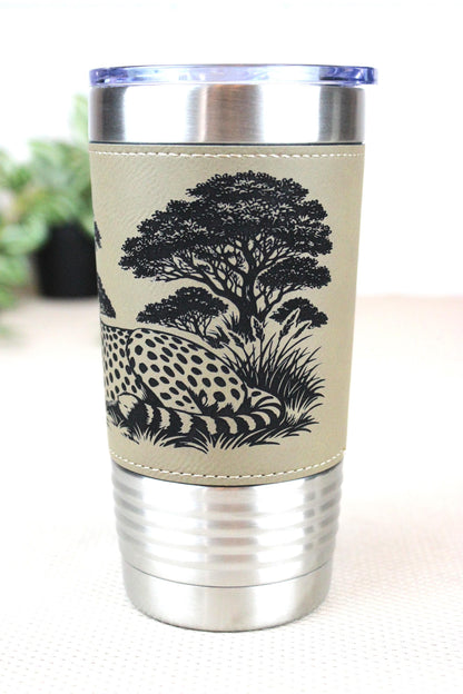 Cheetah Safari Engraved Travel Tumbler – Leatherette Wrap – 20 oz. Personalized Coffee Mug