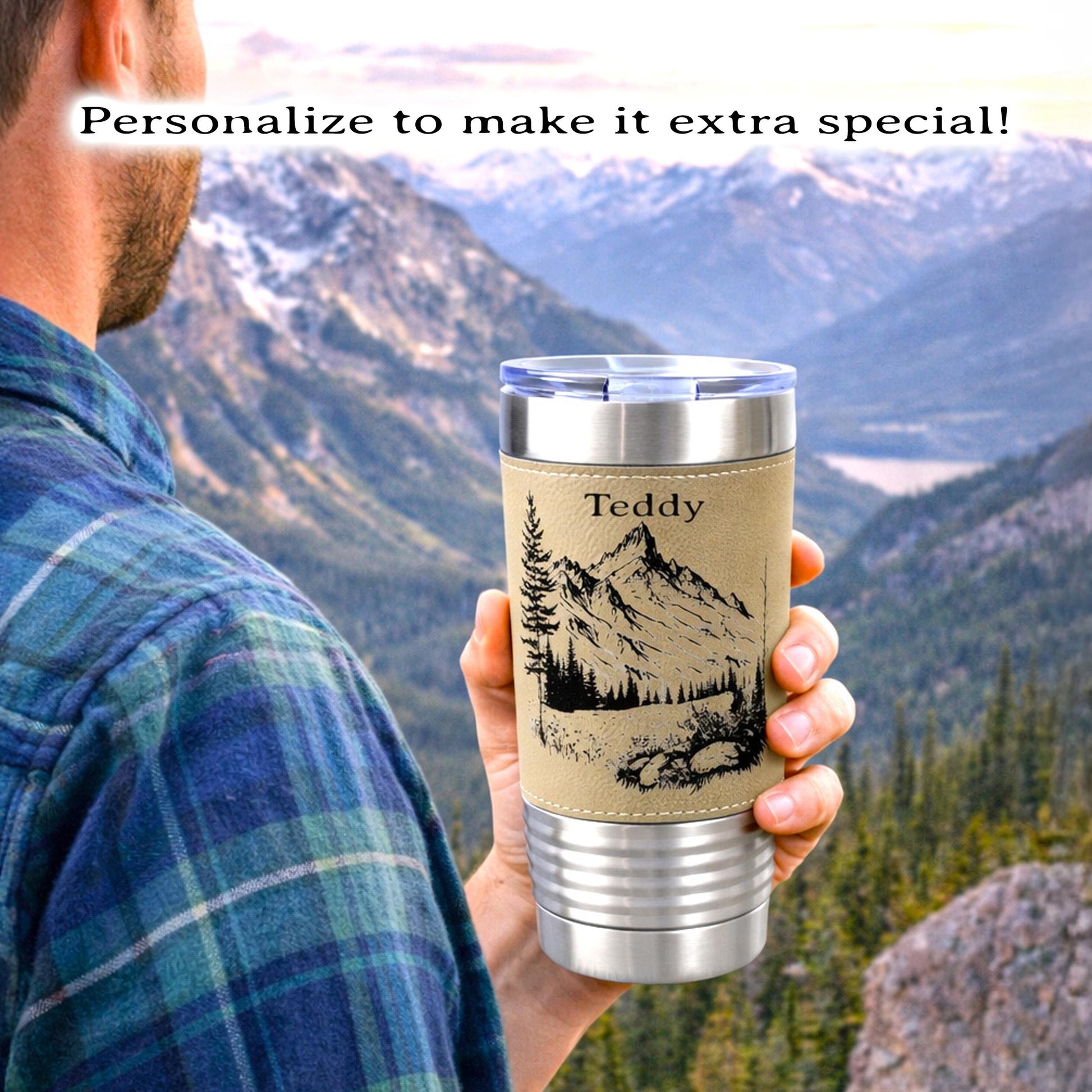 Engraved Mountains on Leather Wrapped Travel Tumbler, 20 oz. Coffee Mug