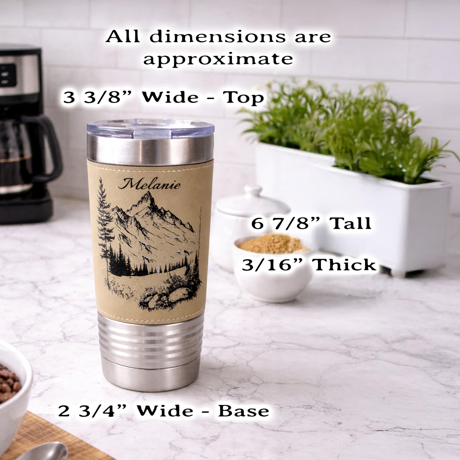 Engraved Mountains on Leather Wrapped Travel Tumbler, 20 oz. Coffee Mug