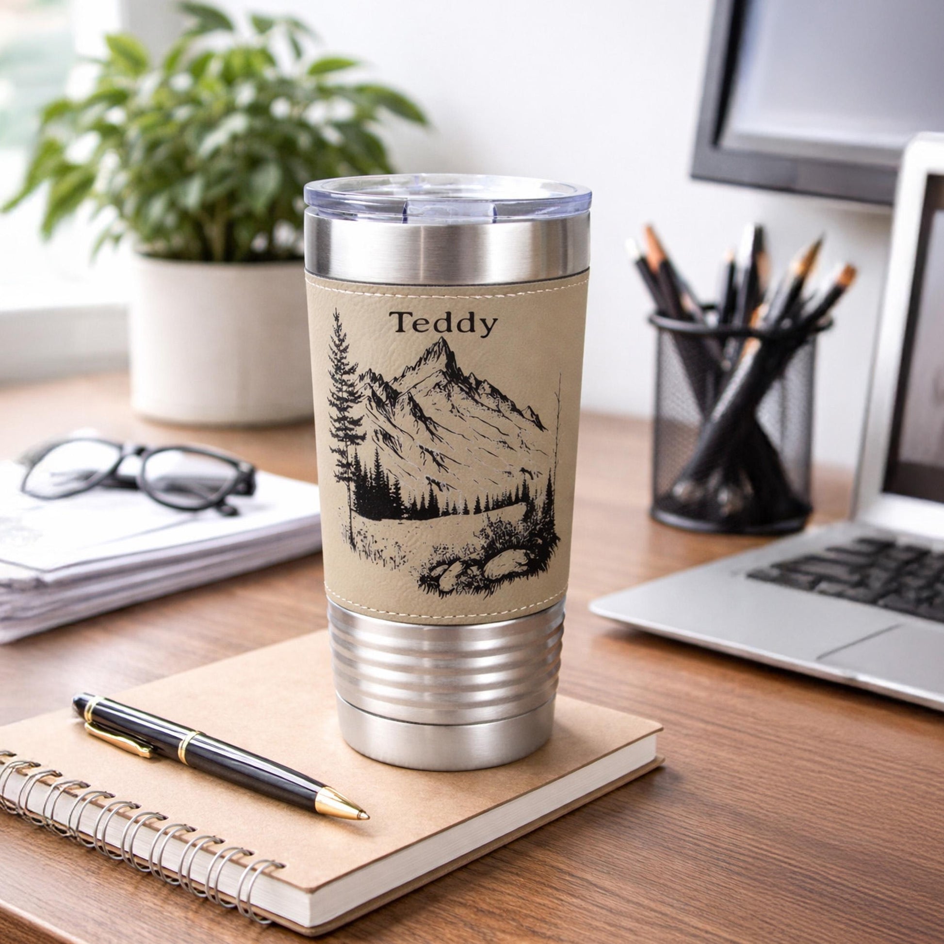 Engraved Mountains on Leather Wrapped Travel Tumbler, 20 oz. Coffee Mug