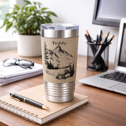 Engraved Mountains on Leather Wrapped Travel Tumbler, 20 oz. Coffee Mug