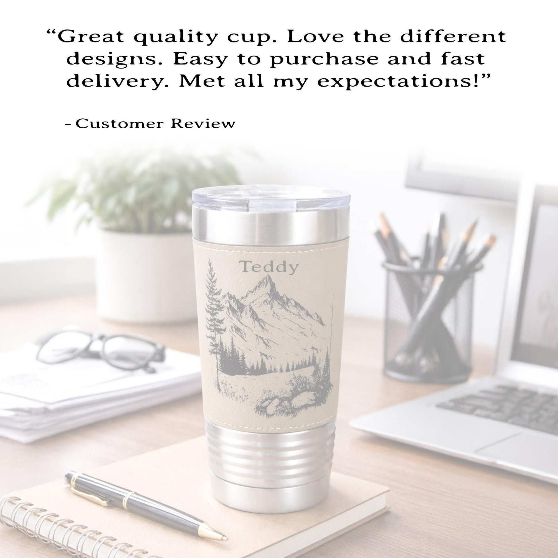 Engraved Mountains on Leather Wrapped Travel Tumbler, 20 oz. Coffee Mug