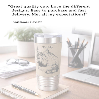 Engraved Mountains on Leather Wrapped Travel Tumbler, 20 oz. Coffee Mug