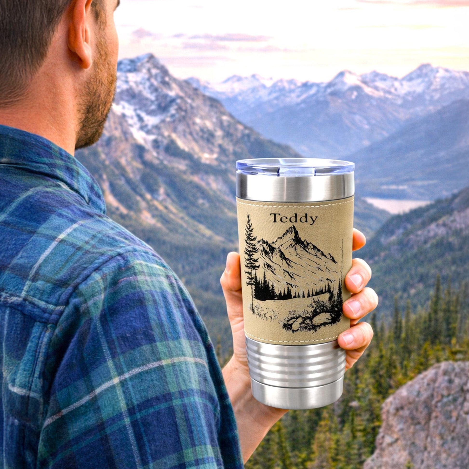 Engraved Mountains on Leather Wrapped Travel Tumbler, 20 oz. Coffee Mug