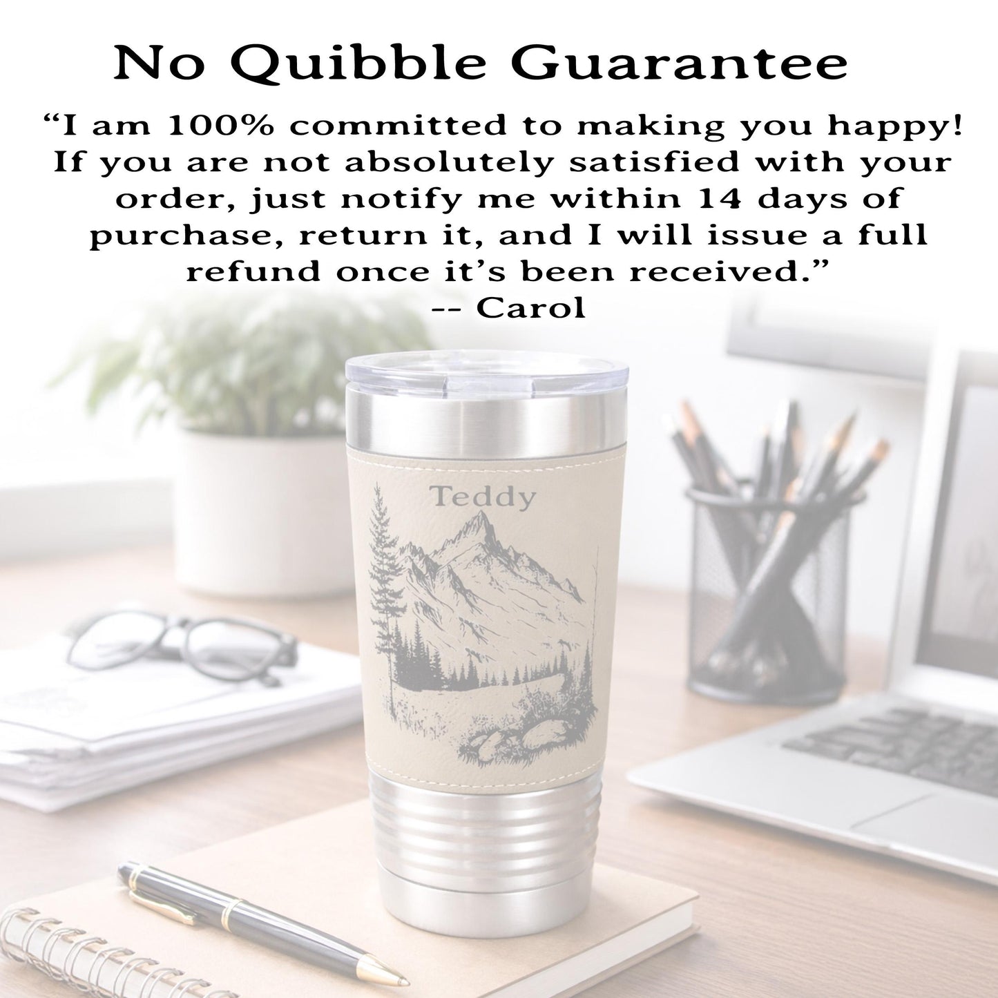Engraved Mountains on Leather Wrapped Travel Tumbler, 20 oz. Coffee Mug