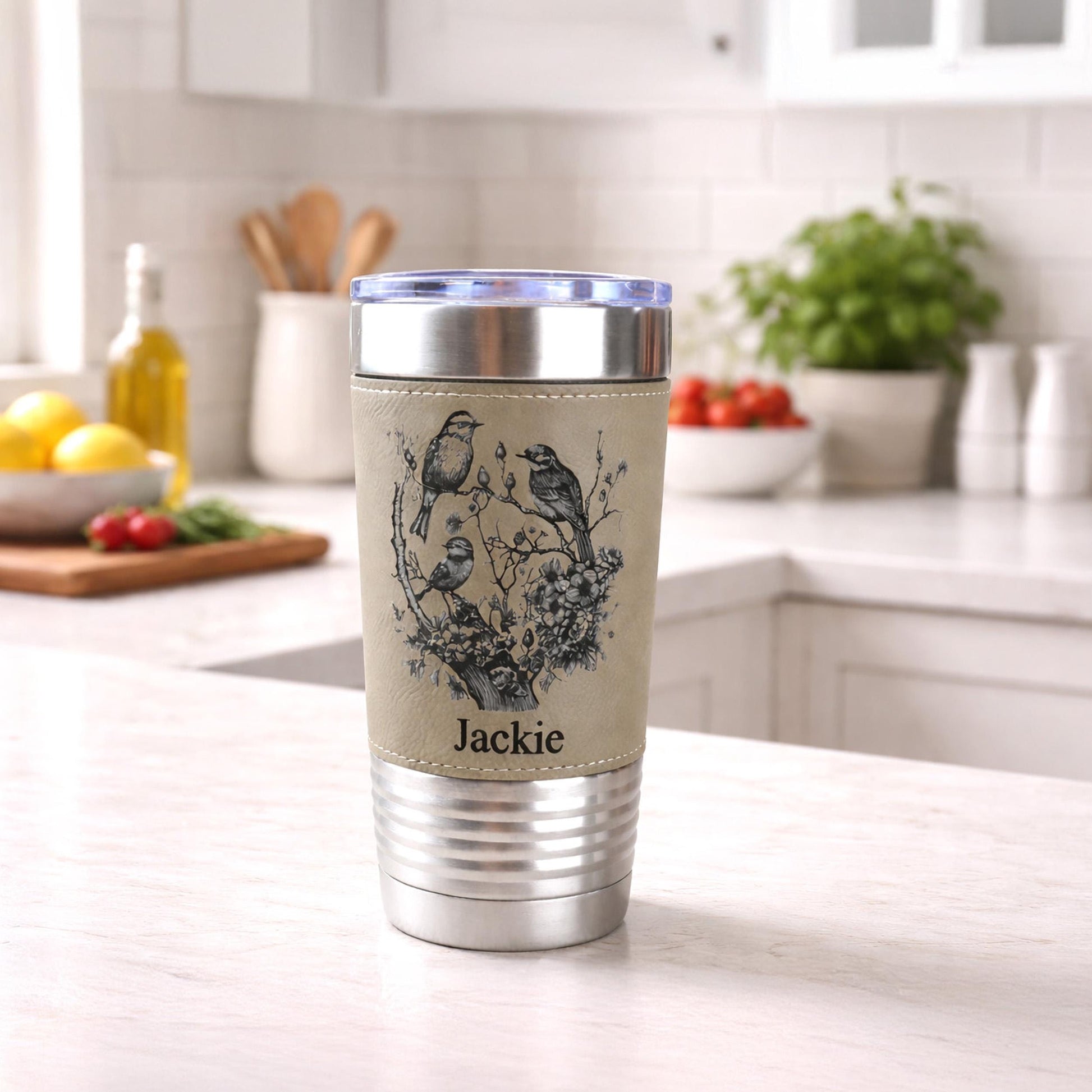 Beautiful Detailed Cherry Blossoms/Birds Engraved on this Insulated Coffee Travel Mug made of Stainless Steel and wrapped with Leatherette