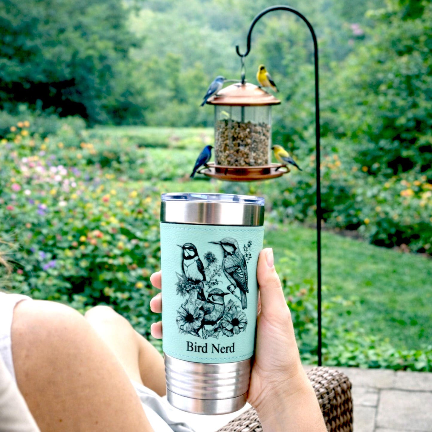 Beautiful Detailed Summer Birds Engraved on this Insulated Leatherette Wrapped Insulated Stainless Steel Coffee Travel Mug, Bird Lover Gift