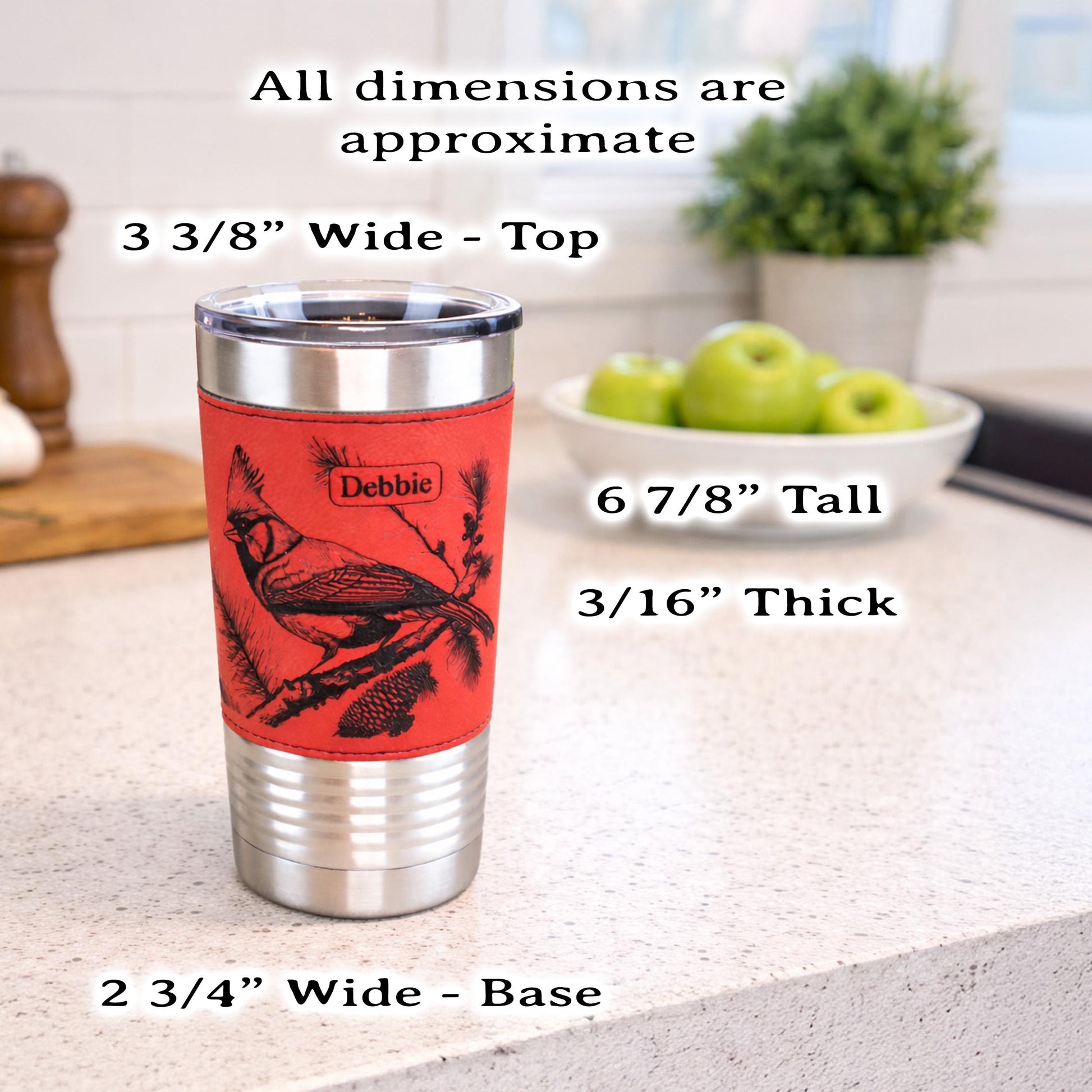 Beautiful Cardinal Engraved 20 oz Stainless Steel Leather Wrapped Travel Mug is the Perfect Insulated Coffee Mug gift for the Cardinal Lover