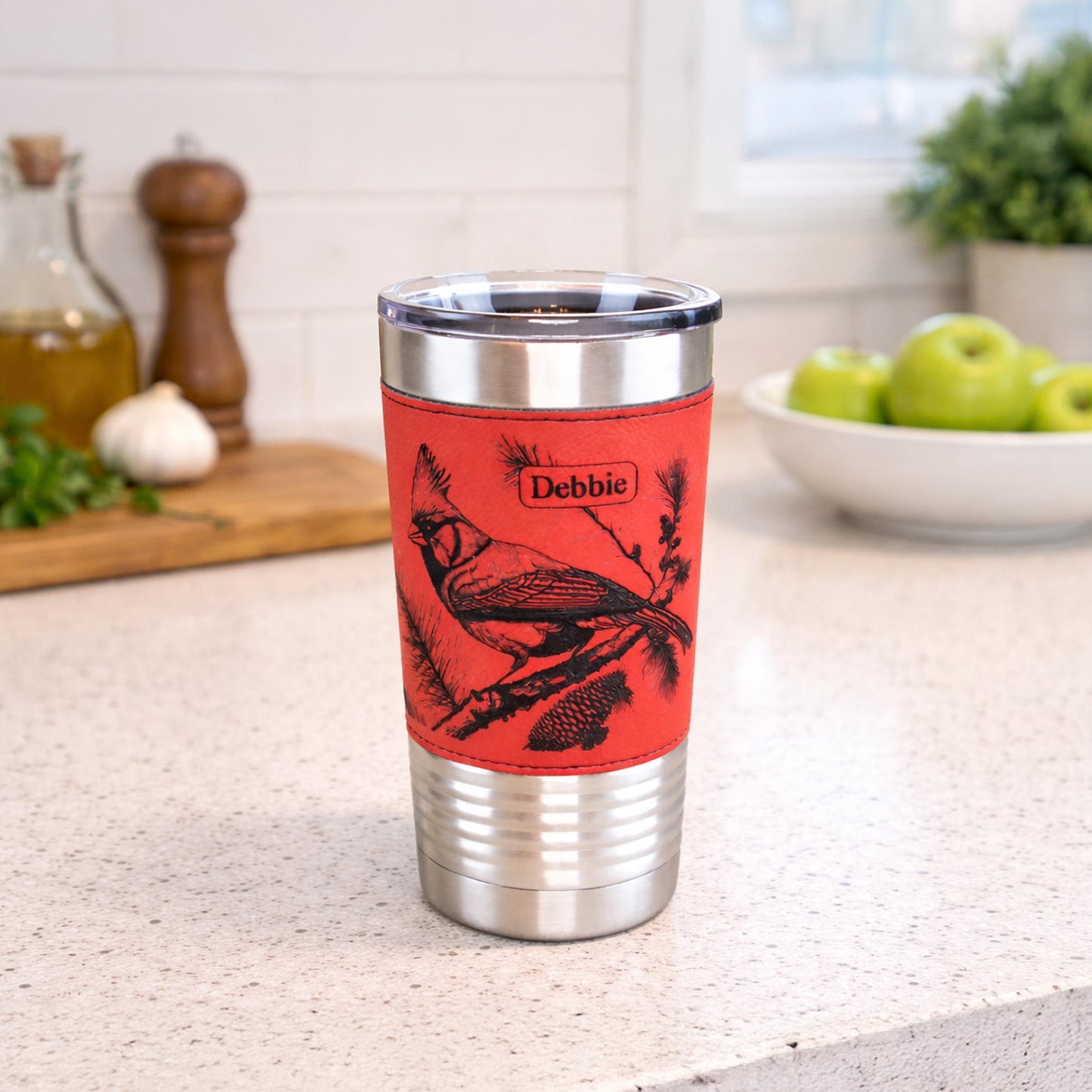 Beautiful Cardinal Engraved 20 oz Stainless Steel Leather Wrapped Travel Mug is the Perfect Insulated Coffee Mug gift for the Cardinal Lover