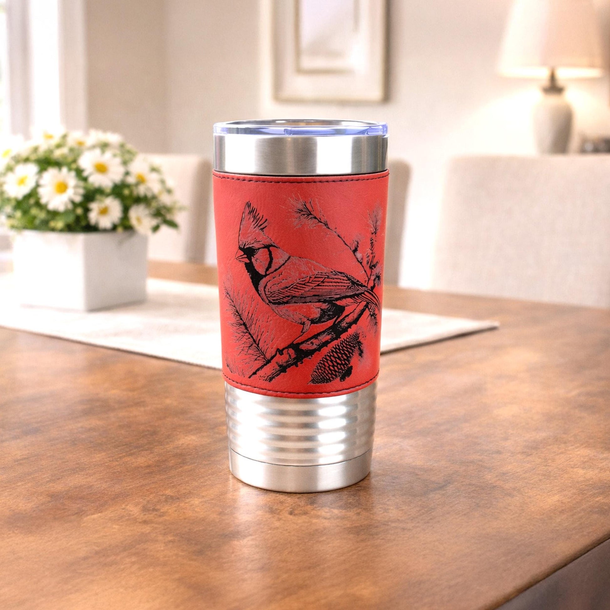 Beautiful Cardinal Engraved 20 oz Stainless Steel Leather Wrapped Travel Mug is the Perfect Insulated Coffee Mug gift for the Cardinal Lover