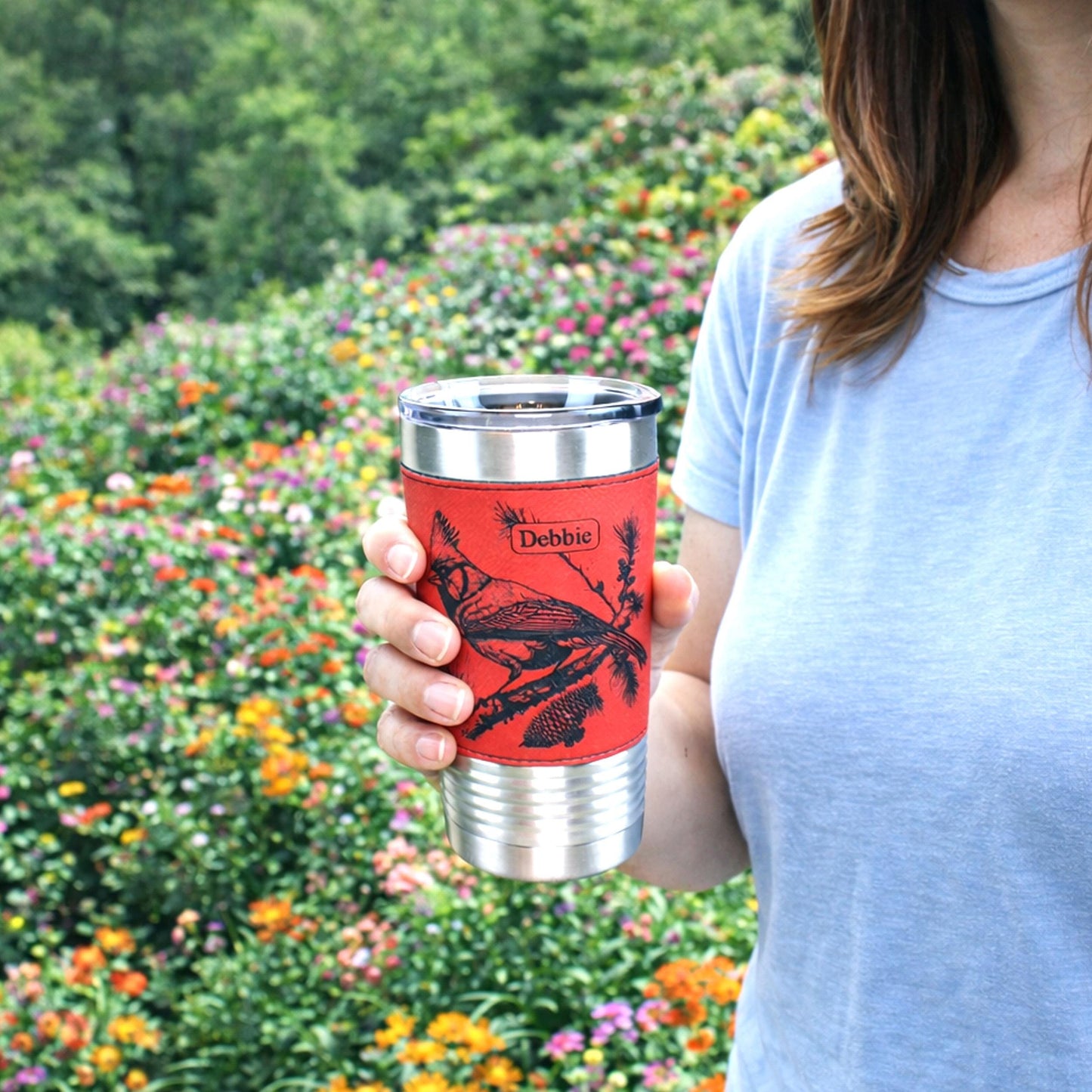 Beautiful Cardinal Engraved 20 oz Stainless Steel Leather Wrapped Travel Mug is the Perfect Insulated Coffee Mug gift for the Cardinal Lover