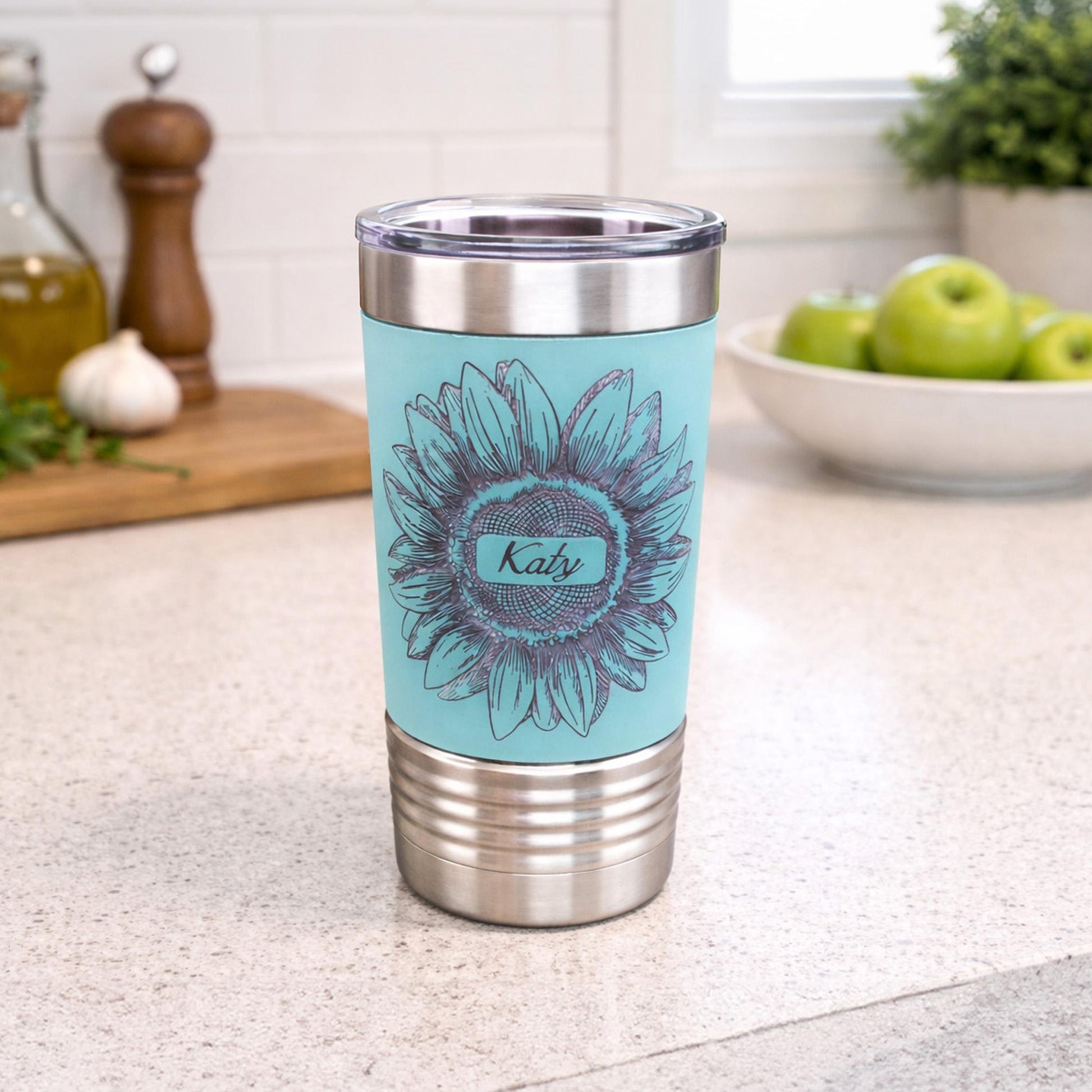 Sunflower Coffee Travel Mug, Personalized Travel Mug, Stainless Steel Travel Mug, Custom travel Mug, Leatherette Travel Tumbler