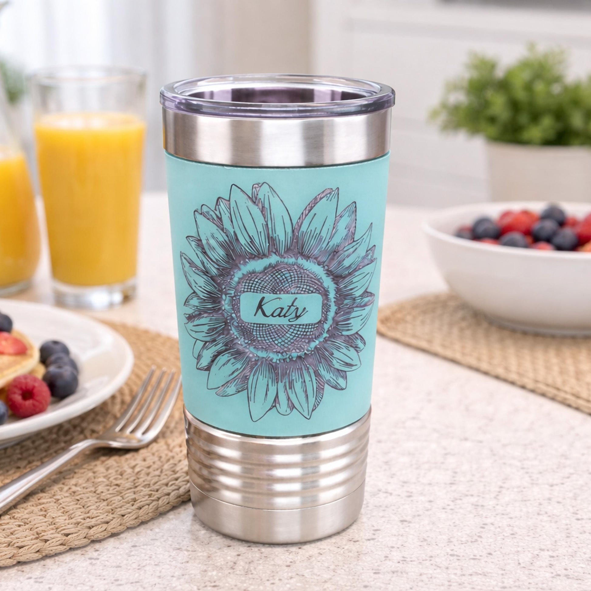 Sunflower Coffee Travel Mug, Personalized Travel Mug, Stainless Steel Travel Mug, Custom travel Mug, Leatherette Travel Tumbler
