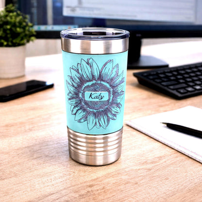 Sunflower Coffee Travel Mug, Personalized Travel Mug, Stainless Steel Travel Mug, Custom travel Mug, Leatherette Travel Tumbler