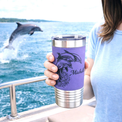 Great Dolphin design Engraved on Leather Wrapped Stainless Steel Insulated Travel Mug is an Awesome Gift for your Dolphin Lover