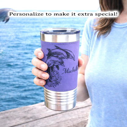 Great Dolphin design Engraved on Leather Wrapped Stainless Steel Insulated Travel Mug is an Awesome Gift for your Dolphin Lover